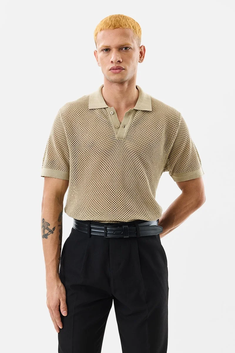 سنيتش تيشيرت بولو قطن كروشيه بقصة ضيقة بيج